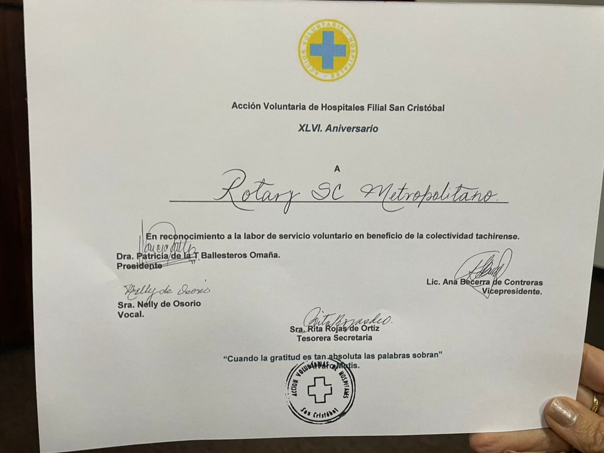 RotaryMetropoli's tweet photo. 5 dic recibimos Invitación Asamblea de Org Acción Voluntaria de Hospitales filial San Cristóbal q desde hace 46 años sirven en Hospital Central de San Cristóbal. Reconocer la labor de org que tienen como motiv el Servicio a los demás Gracias  por ser Ángeles en la vida de muchos https://t.co/hkFyeY9cka