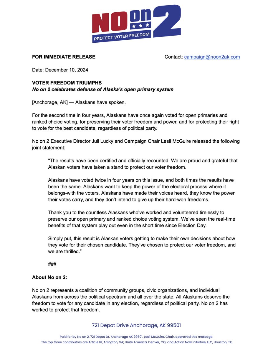 Alaskans have spoken.

Alaskans have voted twice in four years in favor of open primaries and RCV, and protected their right to vote for any candidate, regardless of political party.

Alaskans want to keep the power of the electoral process where it belongs-with the voters.