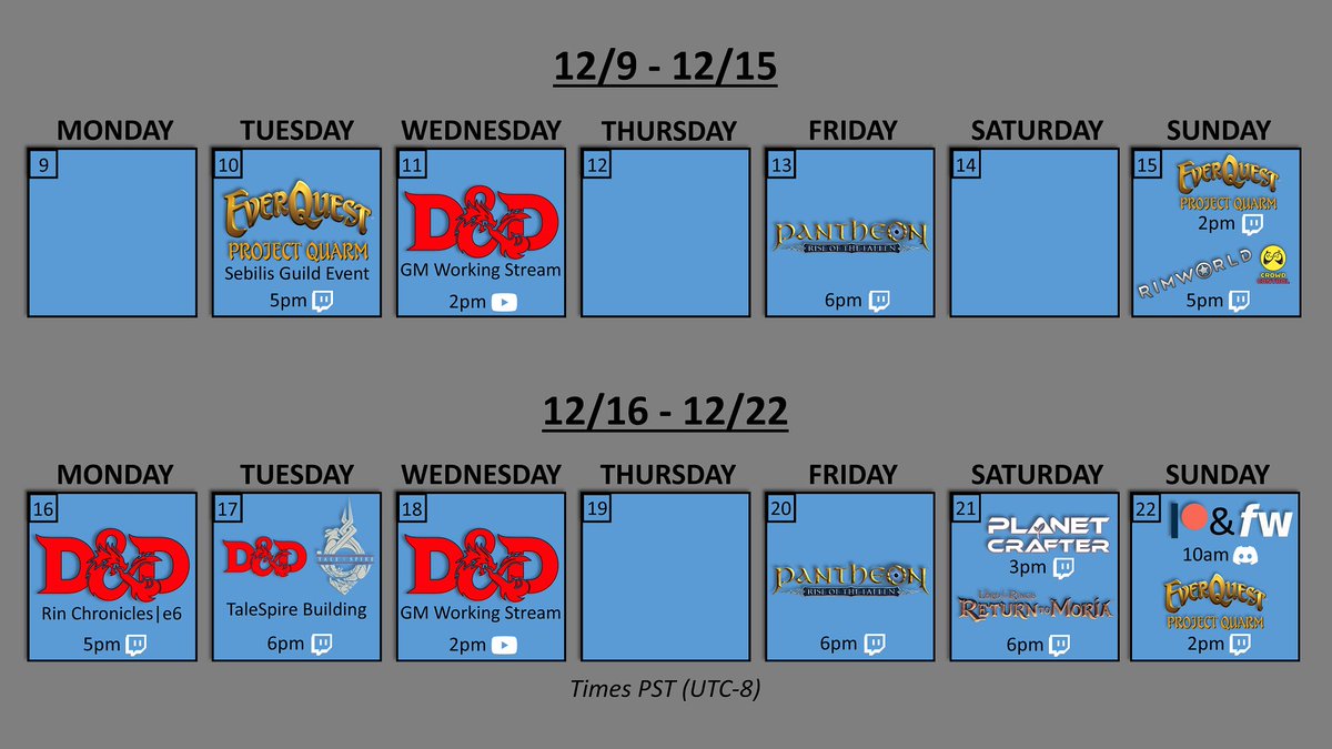 HTBM_tv's tweet photo. Schedule 12/9 - 12/22

#Twitch #Streamer #TwitchStreamer #YouTube #YouTubeStreamer #DND #DungeonsAndDragons #EverQuest #CrowdControl #PlanetCrafter #ReturnToMoria #RimWorld #KingdomOfRin #LordOfTheRingsReturnToMoria #Pantheon #PantheonRiseOfTheFallen #Patreon #Fourthwall https://t.co/biIhcq3CHb