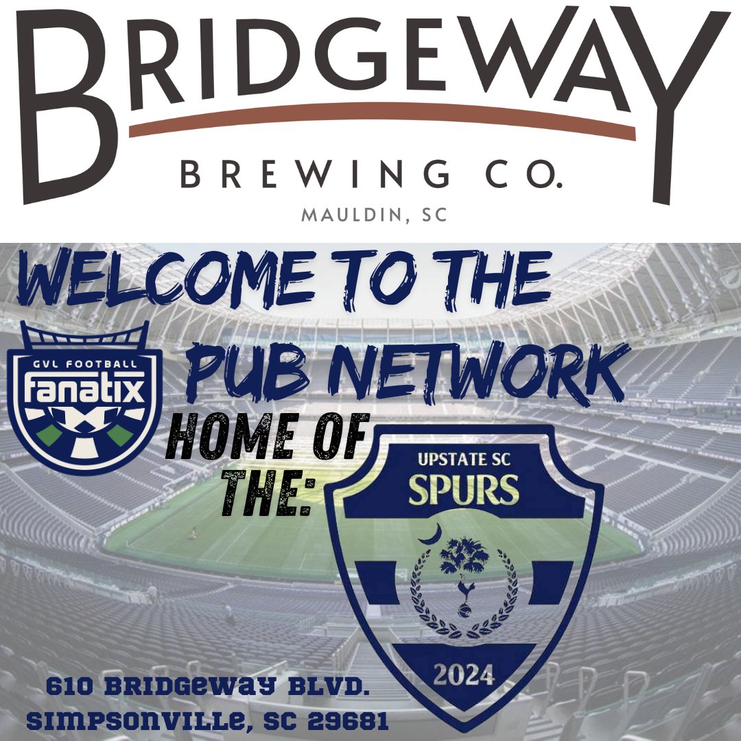 GVLFanatix's tweet photo. Welcome #BridgewayBrewingCo to our ⚽️ #PubNetwork
Home to the @UpstateSpursSC
Cheers! https://t.co/XD7FKFq5gk