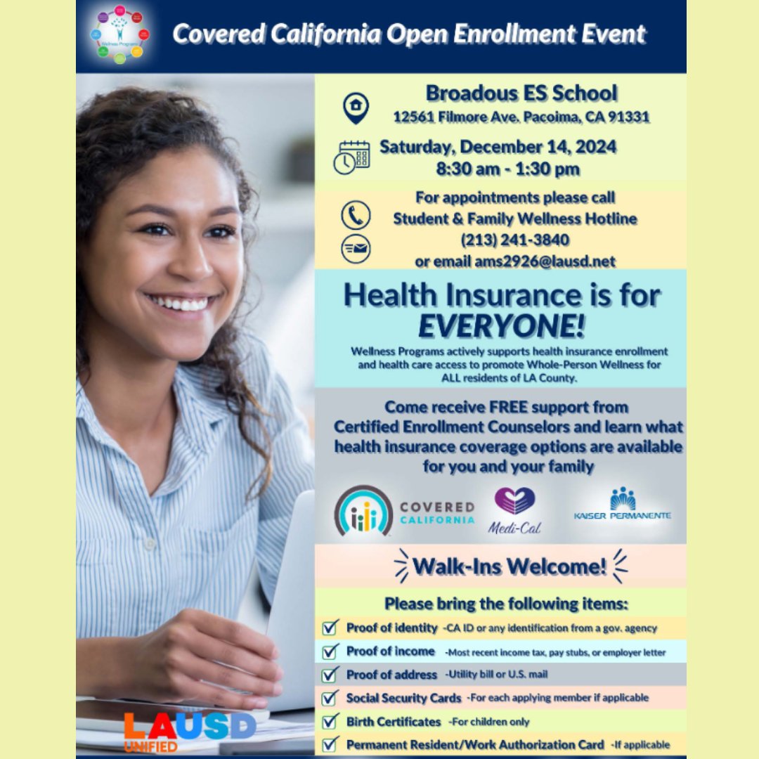 LAUSD_CHAMP (@lausd_champ) on Twitter photo Health Insurance is for EVERYONE!
📞 For appointments please call The Student & Family Wellness Hotline at (213) 241-3840 and secure your spot!
<a href="/CoveredCA/">Covered California</a> Health Insurance is for EVERYONE!
📞 For appointments please call The Student & Family Wellness Hotline at (213) 241-3840 and secure your spot!
<a href="/CoveredCA/">Covered California</a>