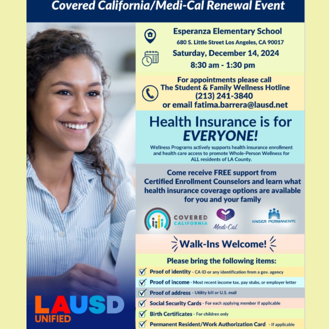 LAUSD_CHAMP (@lausd_champ) on Twitter photo Health Insurance is for EVERYONE!
📞 For appointments please call The Student & Family Wellness Hotline at (213) 241-3840 and secure your spot!
<a href="/CoveredCA/">Covered California</a> Health Insurance is for EVERYONE!
📞 For appointments please call The Student & Family Wellness Hotline at (213) 241-3840 and secure your spot!
<a href="/CoveredCA/">Covered California</a>