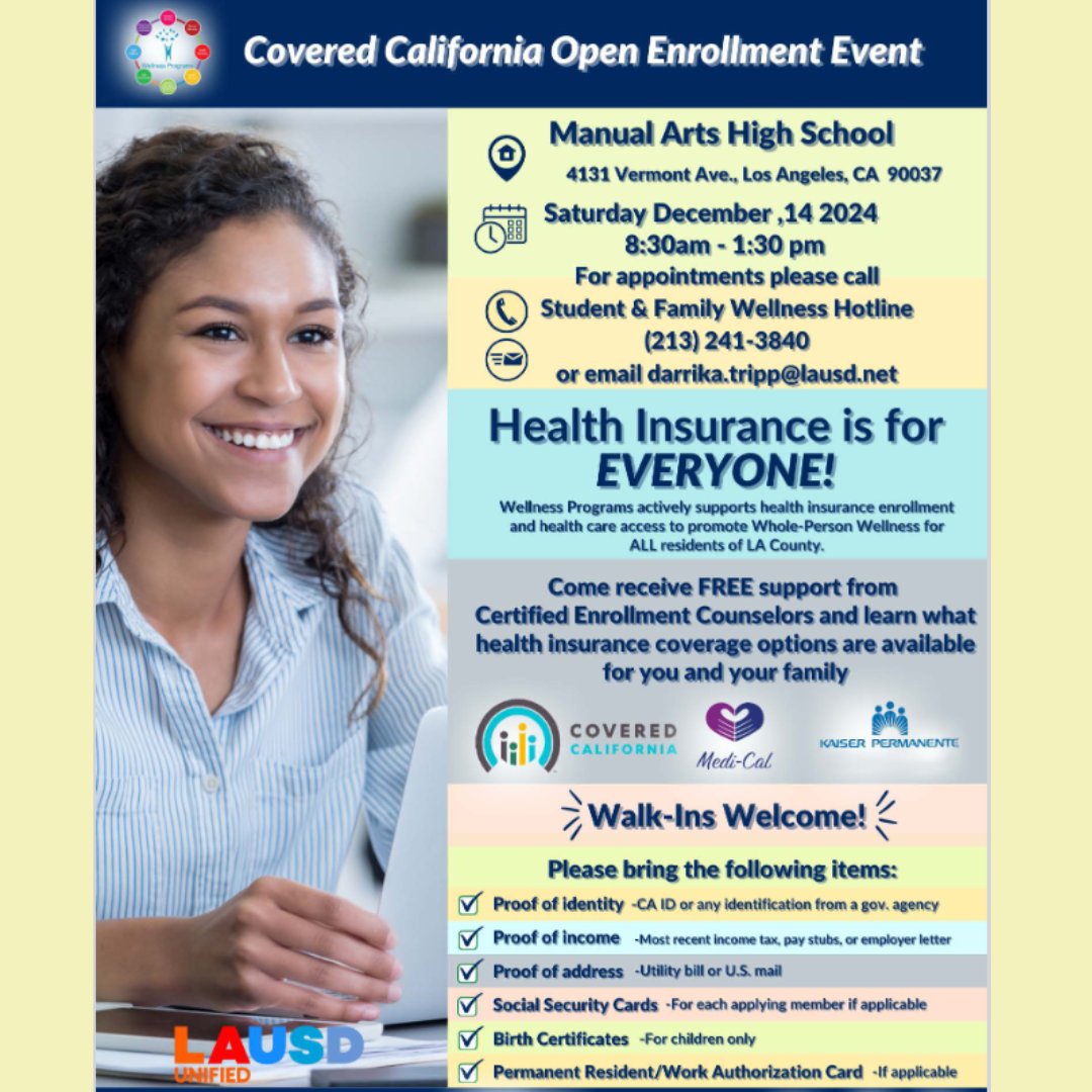 LAUSD_CHAMP (@lausd_champ) on Twitter photo Health Insurance is for EVERYONE!
📞 For appointments please call The Student & Family Wellness Hotline at (213) 241-3840 and secure your spot!
<a href="/CoveredCA/">Covered California</a> Health Insurance is for EVERYONE!
📞 For appointments please call The Student & Family Wellness Hotline at (213) 241-3840 and secure your spot!
<a href="/CoveredCA/">Covered California</a>