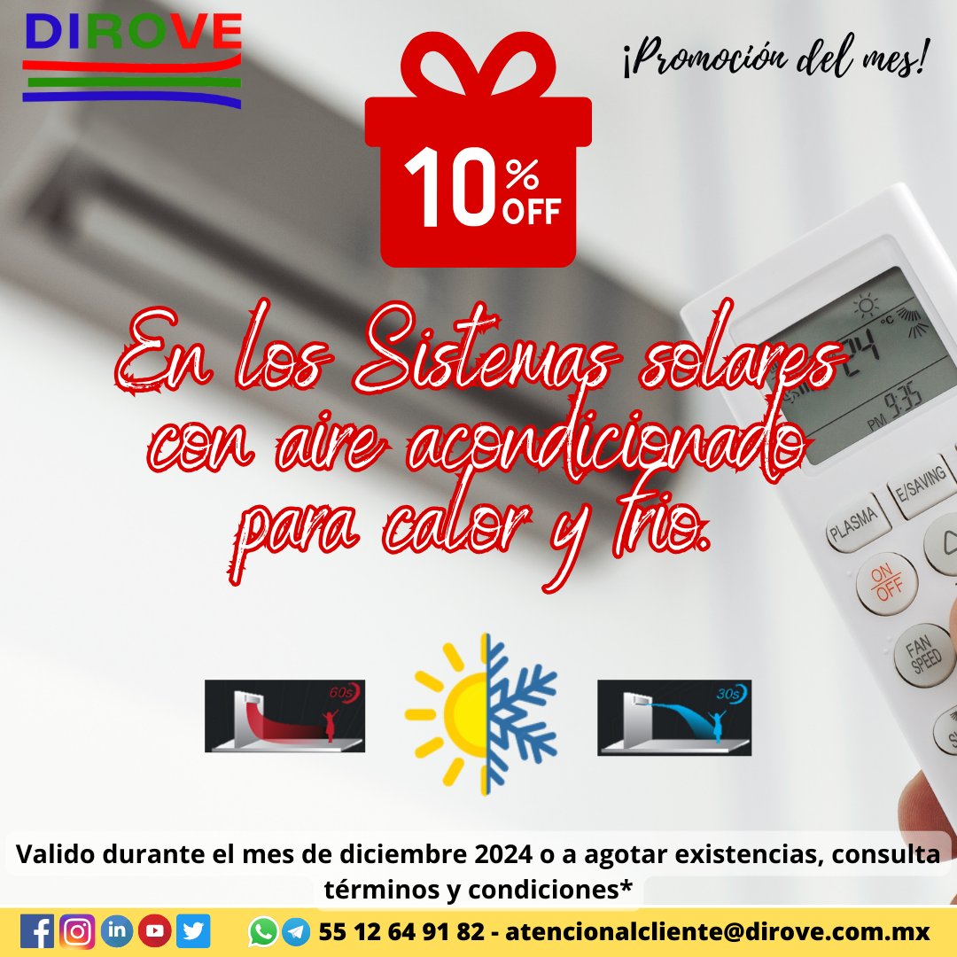 DiroveMexico's tweet photo. ¡PROMOCIÓN DEL MES!

​10% En todos los Sistemas de Energía solar con aire acondicionado para calor y frio.
Promoción válida el mes diciembre de 2024.
Consulta términos y condiciones*
​
Solicita tu presupuesto al 55 1264 9182 https://t.co/zw6zfHrhbs