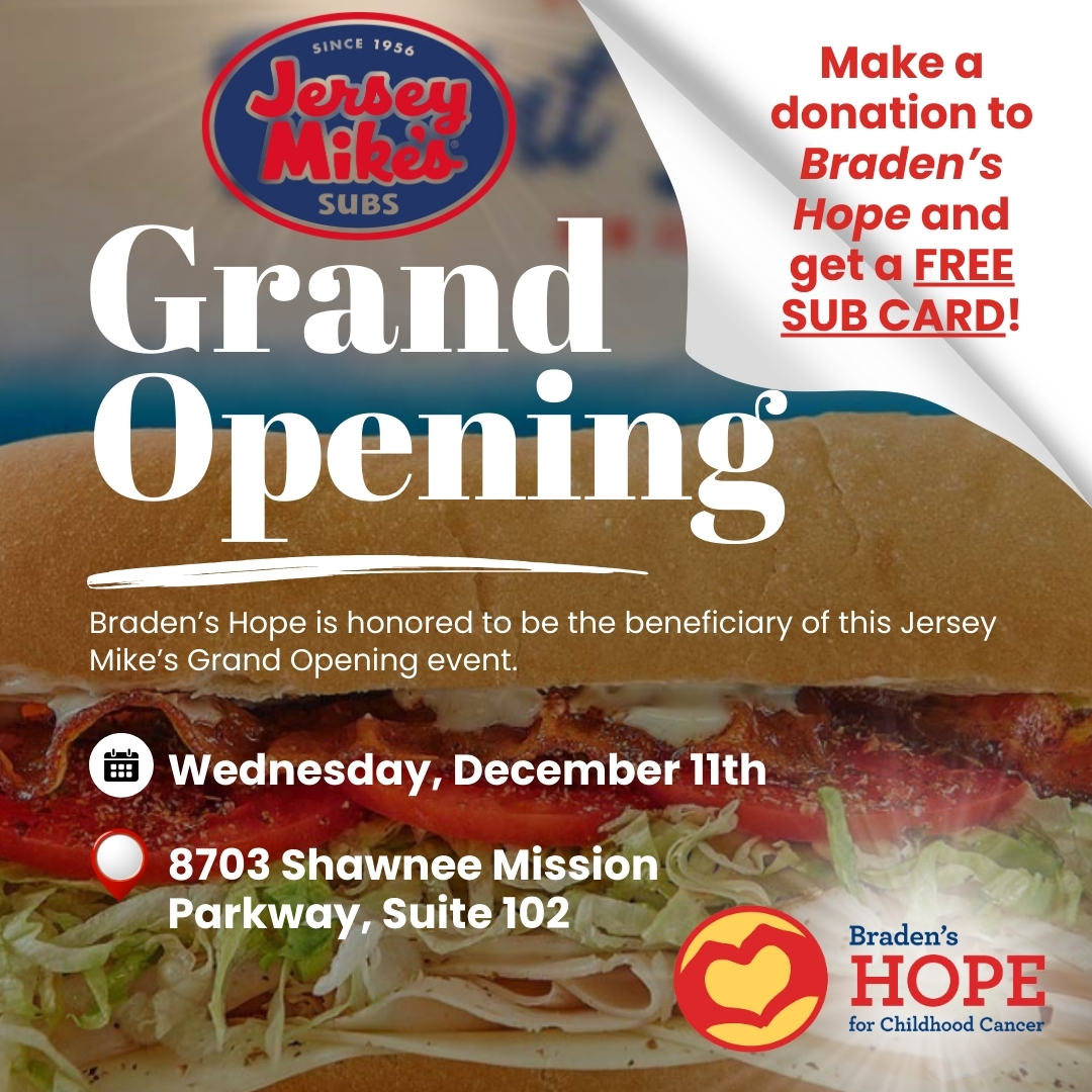Bradenshope's tweet image. TOMORROW! @jerseymikes is celebrating the Grand Opening of a new KC location and we are honored to be the beneficiary!

🎉They’re giving away 5,000 FREE sub cards with a $3 donation to Braden’s Hope. #thisishope!

⏲️Wednesday, Dec. 11th - ALL DAY!

📌8703 Shawnee Mission Parkway