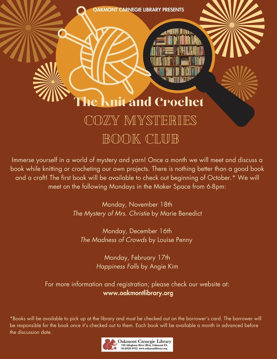 OakmontLibrary's tweet image. The Knit and Crochet Cozy Mysteries Book Club
Monday, December 16, 2024
6:00pm - 8:00pm 
The Madness of Crowds by Louise Penny
There is still time to register!
live-oakmont.pantheonsite.io/event/knit-and…