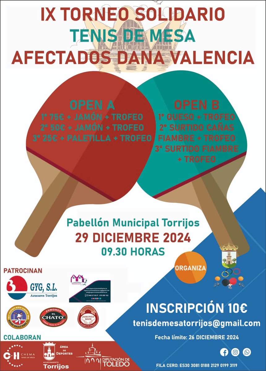 YRaqueta's tweet photo. IX Torneo Solidaro de Torrijos "AFECTADOS DANA VALENCIA"
🗓 Domingo 29 de diciembre
📍Pabellón Municipal de Torrijos
📝 Inscripciones tenisdemesatorrijos@gmail.com
💸 Inscripción 10€
🏓 Open A y Open B https://t.co/EohVlx3iPC
