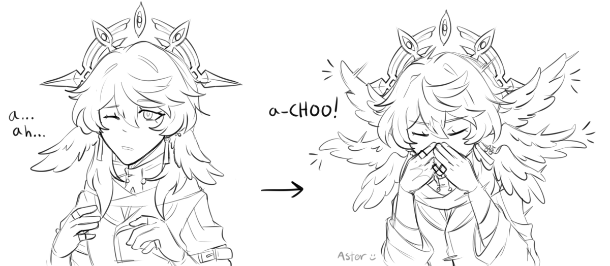 Aster_Juice's tweet photo. Posting this here bc I think it's funny :)

HC that Sunday's extra wings sometimes accidentally pop out when he sneezes too hard 🤧

#SundayHSR https://t.co/8pTjWrFlUT
