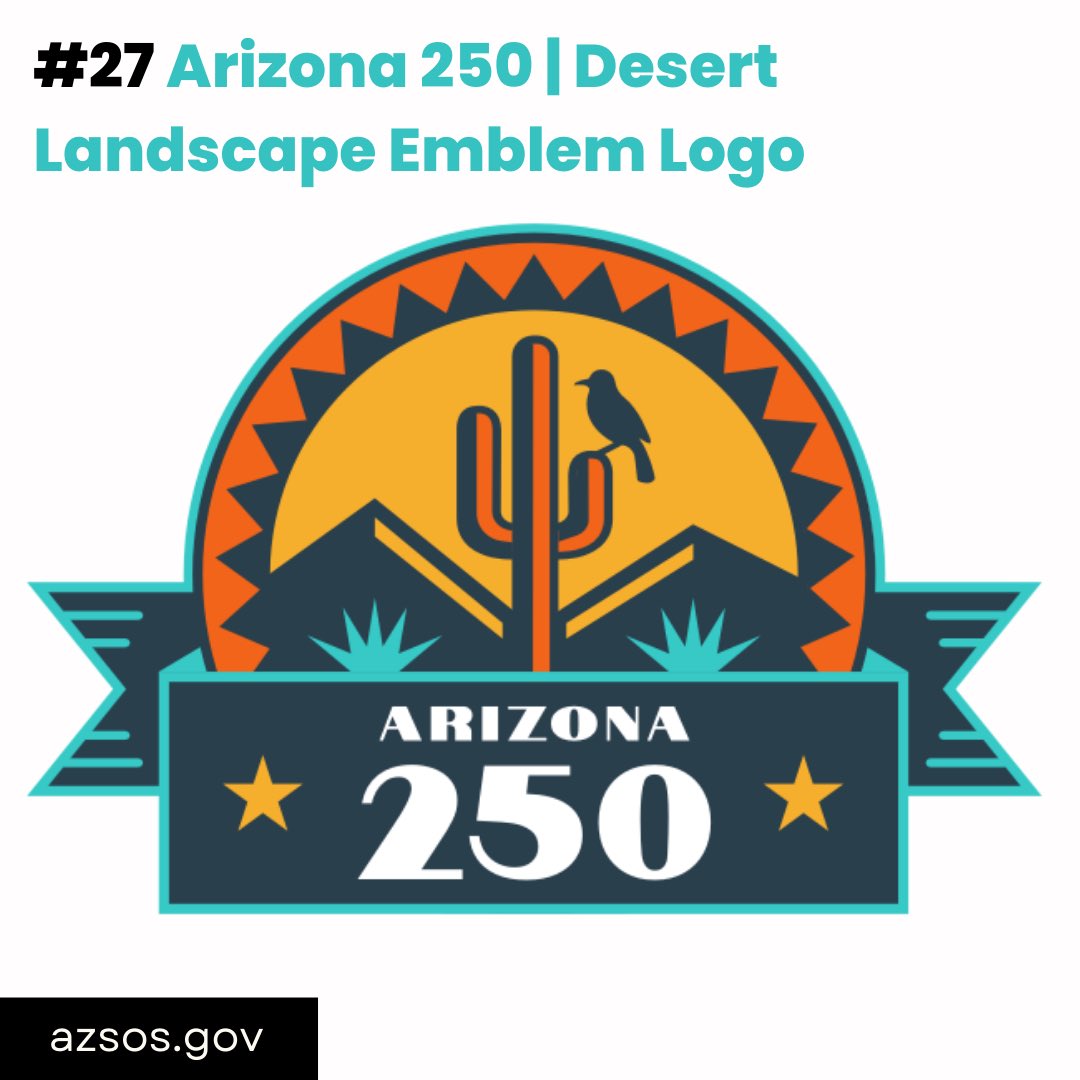 With the top designs close in numbers, it is important to vote for your favorite #A250AZlogo design! The ninth finalist in the competition- Mareli A. from Chandler, Arizona with Arizona 250 Desert Landscape Emblem Logo. azsos.gov/about/az250-lo…