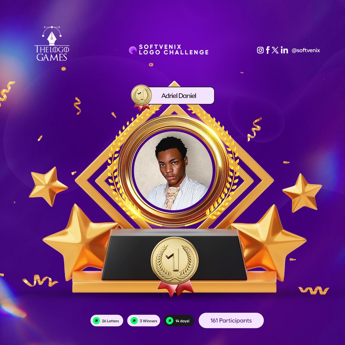 SoftVenix's tweet photo. HERE WE GO! #TheLogoGames
THE WINNER OF THE VERY FIRST EDITION!
Congratulations @name_adriel 🏆
#Softvenix #DigitalAgency #DigitalMarketing #Graphicsdesign #WebDevelopment #ProductDesign #VideoEditing #ContentProduction #CorporateBranding #funnelBuilding https://t.co/30ptmzNuqK