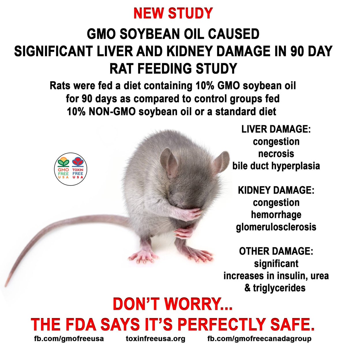 A new study found that a diet of only 10% GMO soybean oil fed to rats for 90 days caused significant liver and kidney damage. But don't worry. FDA says it's safe. ijdrug.com/Article/ijdrc-… 
If you know of food products made with GMO soybean oil, please let others know!