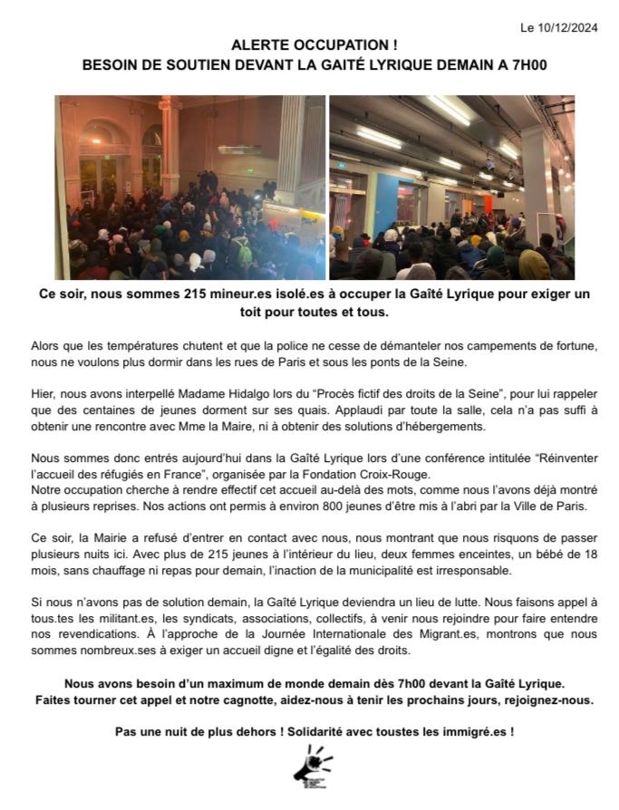 KimSchvartz's tweet photo. 🚨URGENT🚨

Le collectif des jeunes isolés du parc de Belleville occupe la Gaîté Lyrique depuis cet aprem pour exiger des logements à la mairie. 

Ils vont avoir besoin urgemment d’argent pour acheter des repas pour les https://t.co/UaMkNKUq2l

https://t.co/QRZLeVImkL https://t.co/HqH6lb9M7n