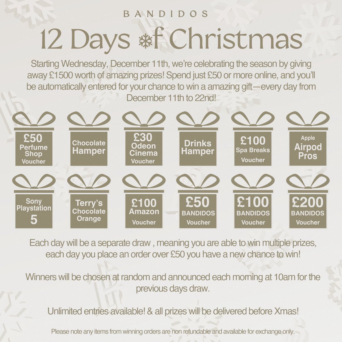 Our biggest giveaway ever !!! Simply place a order and be in with a chance to win, prizes are selected at random and winners selected at random each day from the orders. Some big prizes to be won here including a PlayStation 5, apple air pods pro and £100 worth of spa vouchers!!