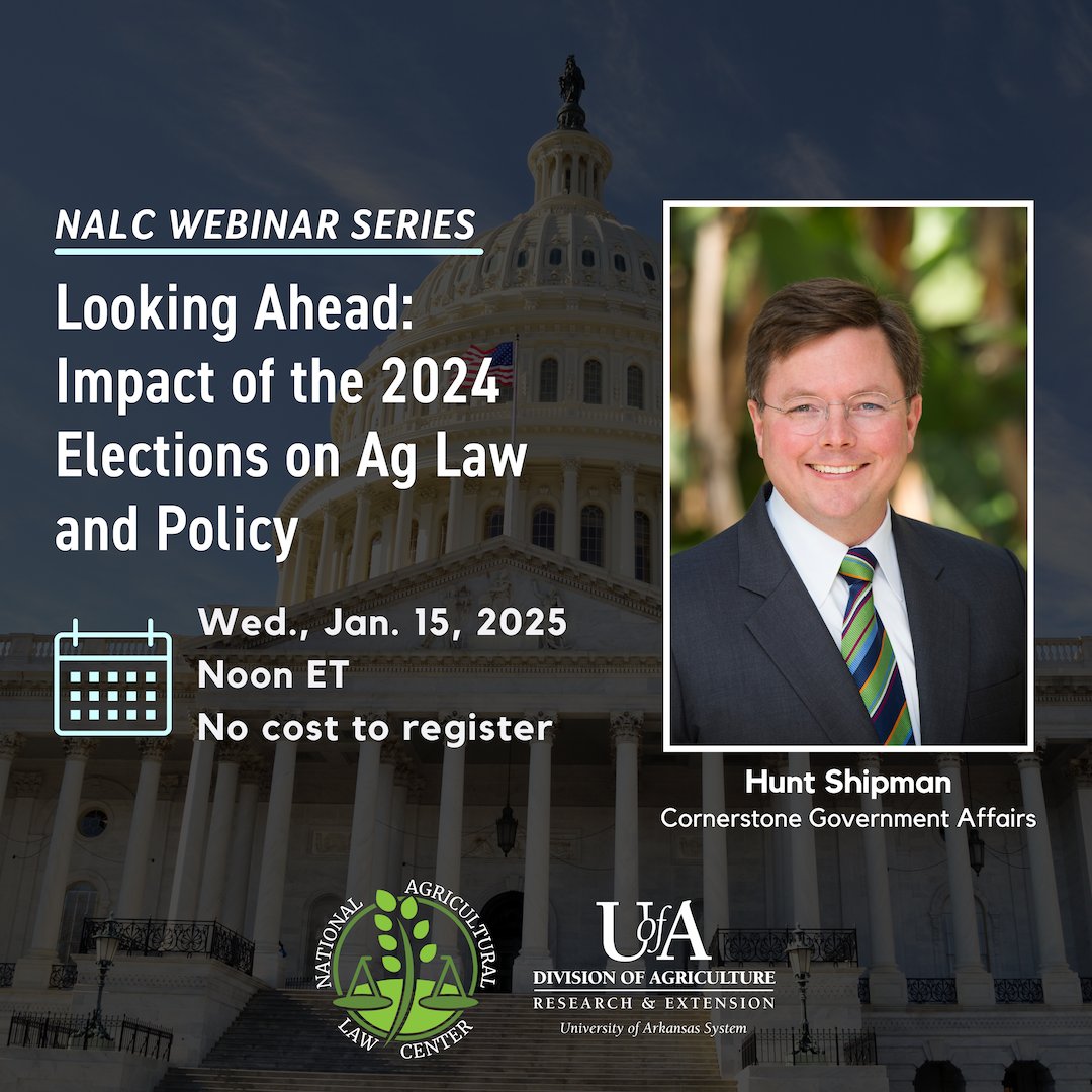 Following the 2024 elections, what lies ahead for #aglaw and #agpolicy?

<a href="/HuntShipman/">Hunt Shipman</a> with <a href="/CGAGroup/">Cornerstone</a> will kick off our 2025 webinar series at noon ET on Jan. 15, 2025, with a discussion of the changes ahead in 2025 as a result of the 2024 elections. 

Registration is no cost