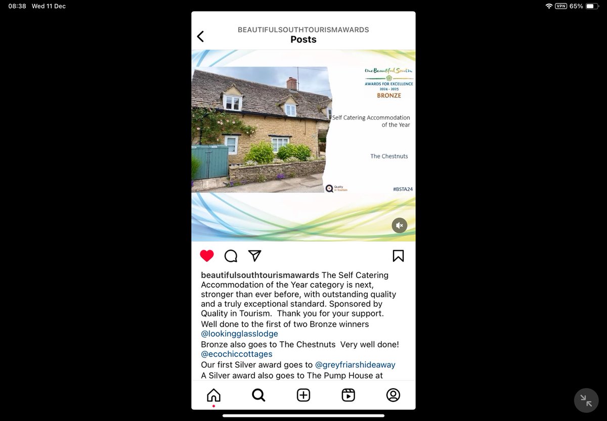 So thrilled for Jen and Adam to pick up our award - Self Catering accomodation of the Year Bronze. Well done all the amazing Eco Chic Cottages team 🎉🥳😊🤩⭐️