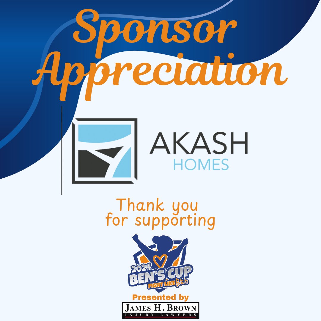 Ben’s Cup, wouldn’t be possible without our incredible Sponsors. Thank you Akash Homes for supporting us to help make this year’s tournament a huge success!

Ben’s Cup is proudly presented by James H Brown Injury Lawyers