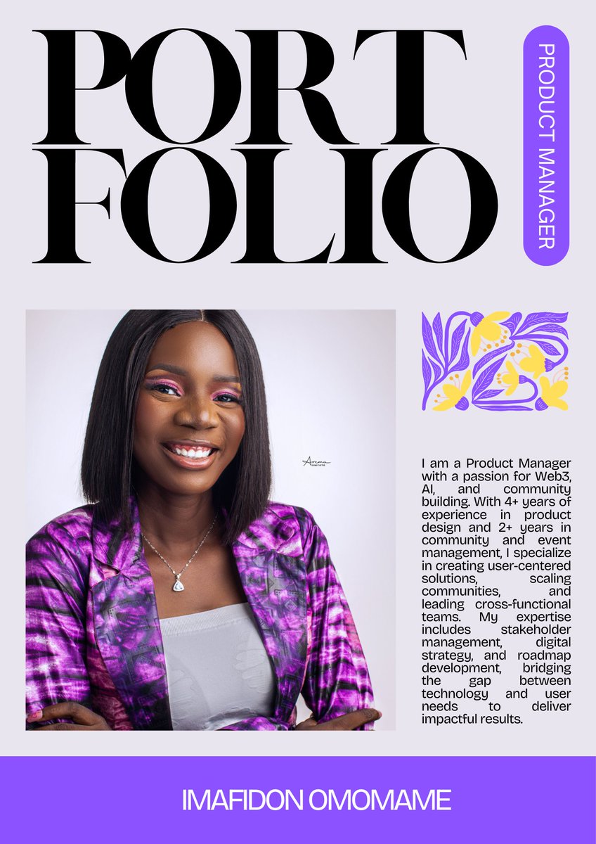 🌟 Product management Portfolio 💜
My Product Management Portfolio is live! It highlights my journey in Web3, AI, and community building, including scaling teams &amp; creating user-centred solutions.

DM or email me imafidonomomame@gmail.com to get the link—I’d love to share it 🎉