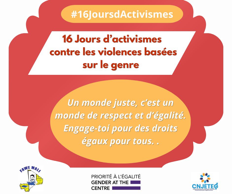 Un monde juste, c’est un monde de respect et d’égalité. Engageons-nous pour la défense de l’égalité de genre.  

#16JoursdActivisme #egalitepourtous <a href="/unicefmali/">UNICEF Mali</a>  <a href="/UNGEI/">UN Girls' Education Initiative</a>  <a href="/UNESCO_fr/">UNESCO en français</a>
