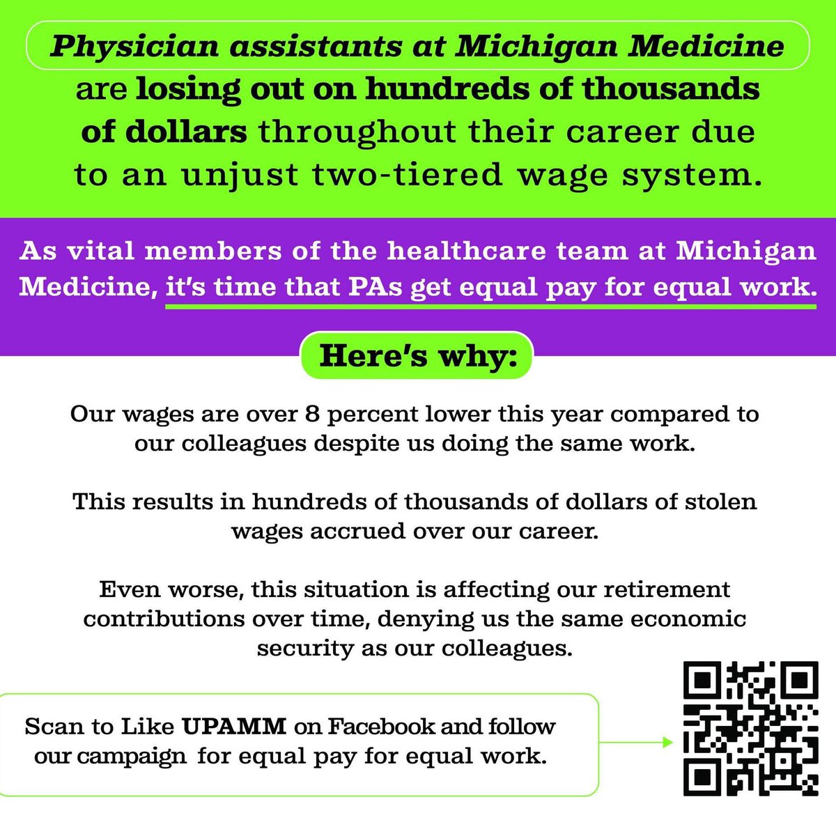UPAMM has been without a new contract since June 2, 2024. <a href="/umichmedicine/">Michigan Medicine</a>  it's time to end a two-tiered compensation system NOW!   PAs deserve equity with our NP colleagues.  

#equalpayforequalwork #unionstrong