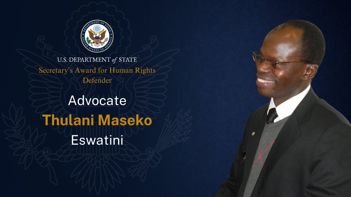 Bureau of Democracy, Human Rights, & Labor (DRL) (@statedrl) on Twitter photo Thulani Maseko dedicated his life and career to championing democracy and human rights in Eswatini. Today, we commemorate his enduring legacy as we posthumously award him <a href="/SecBlinken/">Secretary Antony Blinken</a>โs Human Right Defender Award.ย #HRDA2024 Thulani Maseko dedicated his life and career to championing democracy and human rights in Eswatini. Today, we commemorate his enduring legacy as we posthumously award him <a href="/SecBlinken/">Secretary Antony Blinken</a>โs Human Right Defender Award.ย #HRDA2024
