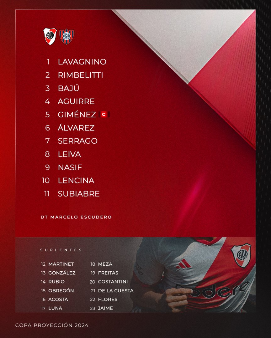 RiverPlate's tweet photo. 📝 ¡Los 11 de la Reserva!

⚽ Desde las 20, River enfrenta a San Lorenzo por la final de la #CopaProyección. 💪

#VamosRiver ⚪🔴⚪ https://t.co/qEUTIWufzk