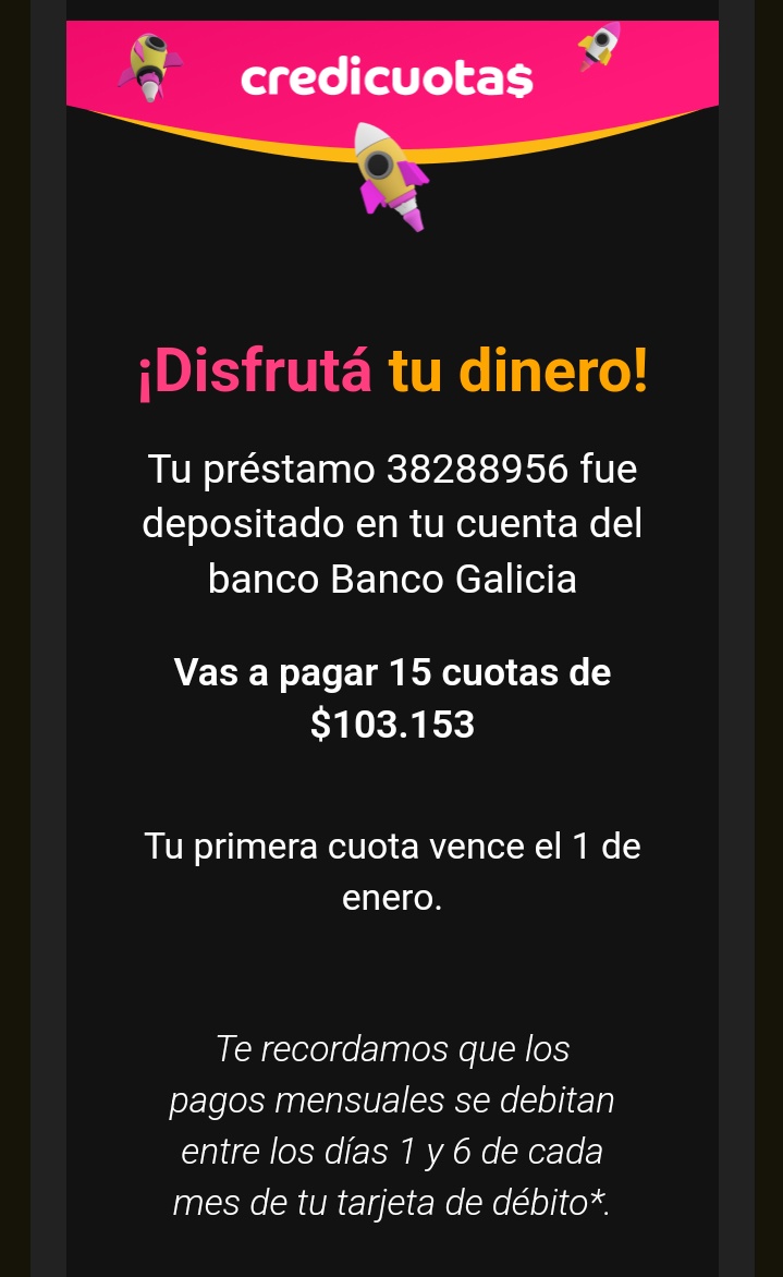 Todo esto fue al mediodía.

Al rededor de las 4PM, pude recuperar mi cuenta de Gmail y con lo indicado, los diferentes accesos.

A las 12PM fue APROBADO el crédito en Credicuotas y DEPOSITADO en mí cuenta (a la cuál claramente no tenía acceso)

El e-mail me llegó a las 16hs (+)