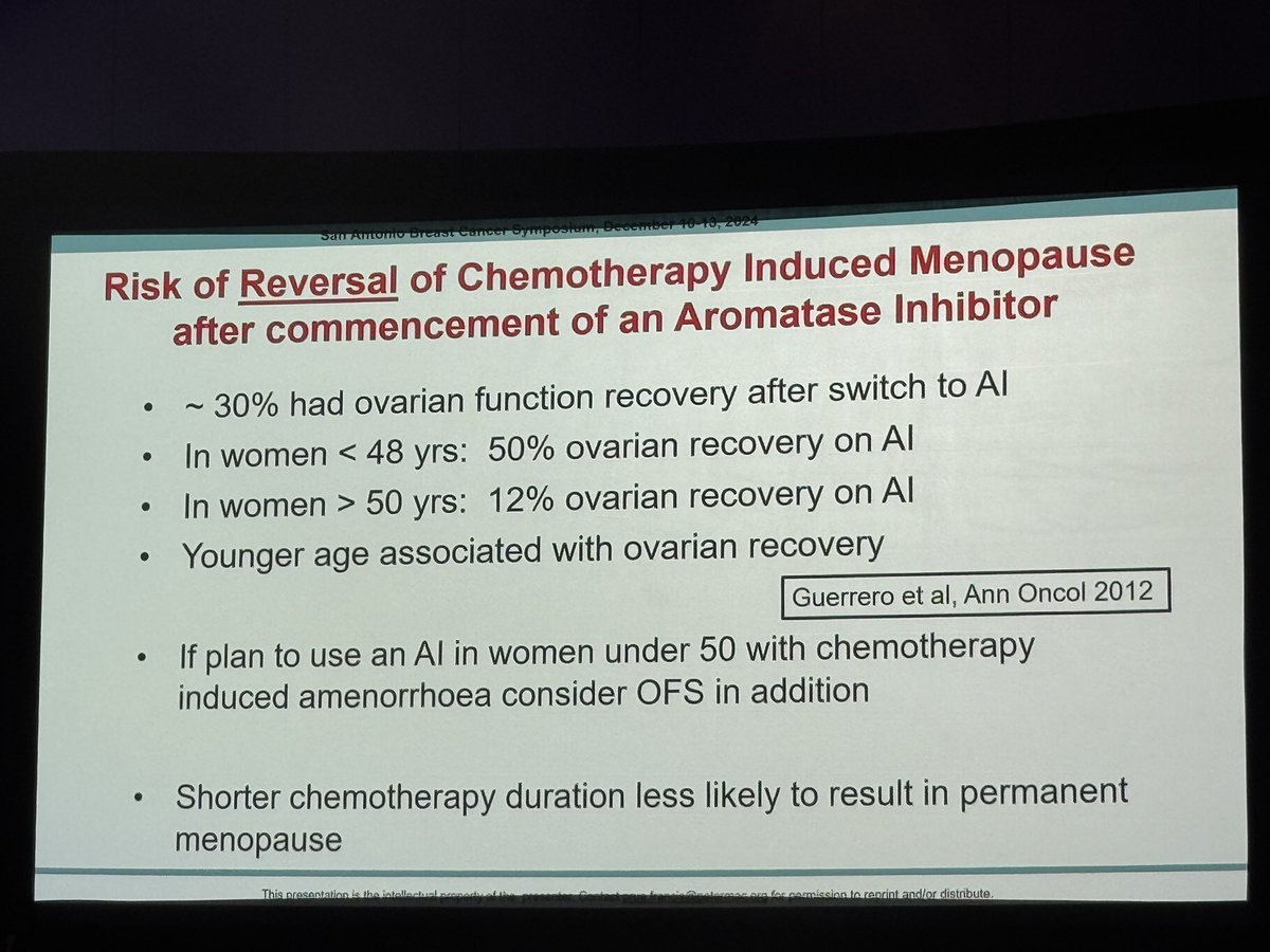 ErikaHamilton9's tweet photo. Don't underestimate risk of starting AI in people who were premenopausal before chemo and stopped having periods.

~30% (even after 2 years of amenorrhea) regained ovarian function when put on an AI.

@OncoAlert 
@SABCSSanAntonio 
#SABCS24
#bcsm https://t.co/VbdAOW2HVJ