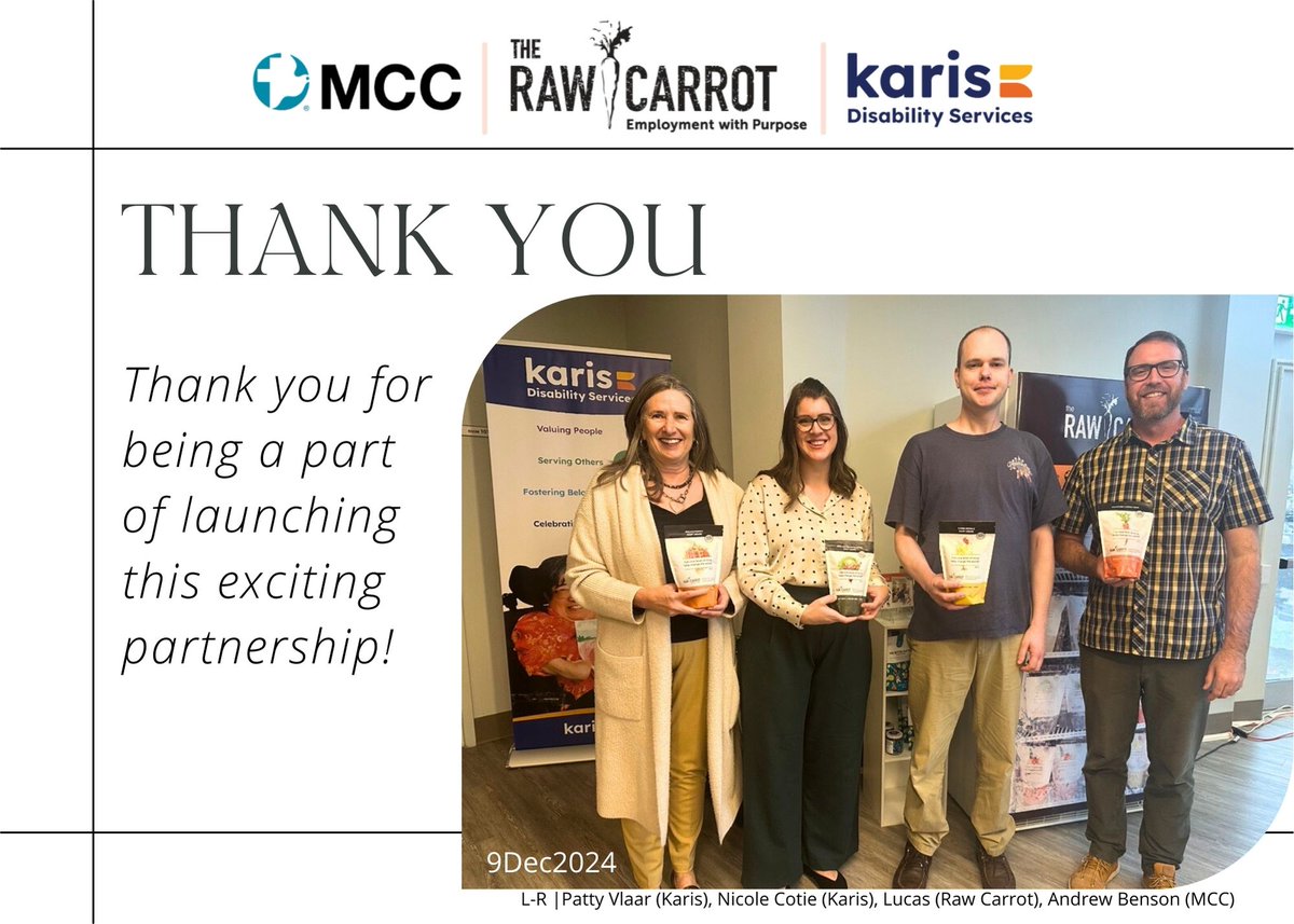🎉 Exciting News! 🎉
Announcing a groundbreaking partnership between The Raw Carrot, MCC, and Karis Disability Services! Together, we’re joining forces to empower individuals living with disabilities and barriers to employment to bring dignity, hope, and community.