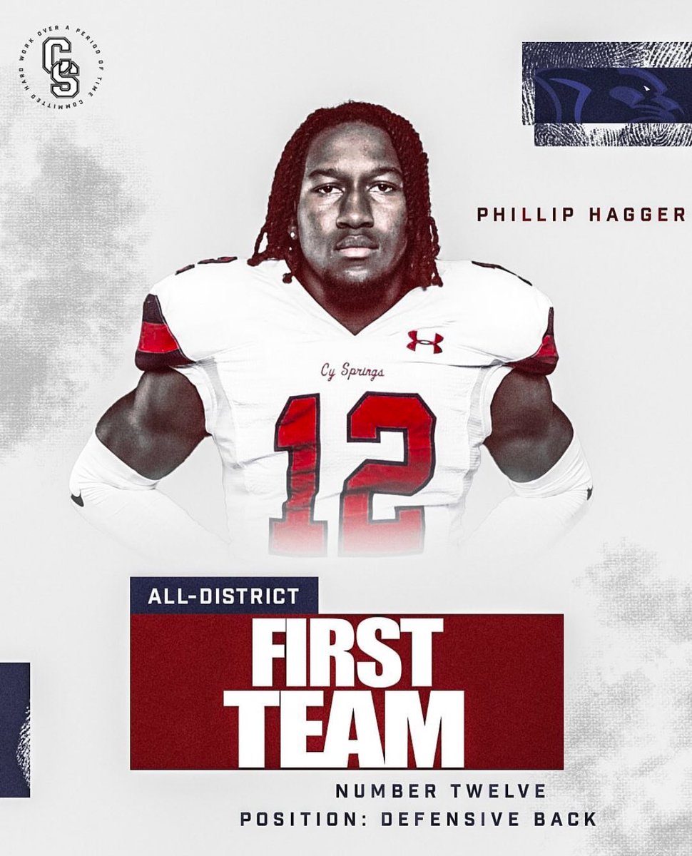 Phillip Hagger III (@p3thedb) on Twitter photo I am honored to be selected to the 16-6A All-District First Team. #CHOP
<a href="/coachbrown_D/">Coach Brown</a> <a href="/CSHSPanthersFB/">Cypress Springs Football</a> <a href="/CoachOFagan/">Oji Fagan</a> <a href="/dctf/">Dave Campbell's — TexasFootball.com</a> <a href="/PrepRedzoneTX/">Prep Redzone Texas</a> <a href="/TXTopTalent/">TX TOP TALENT</a> <a href="/VarsityWires/">Varsity Wires</a> <a href="/vypehouston/">VYPE Houston</a> <a href="/RecruitingCSHS/">Recruiting Cy Springs Football</a> <a href="/CFISDAthletics/">CFISDAthletics</a> <a href="/texashsfootball/">Texas HS Football</a> I am honored to be selected to the 16-6A All-District First Team. #CHOP
<a href="/coachbrown_D/">Coach Brown</a> <a href="/CSHSPanthersFB/">Cypress Springs Football</a> <a href="/CoachOFagan/">Oji Fagan</a> <a href="/dctf/">Dave Campbell's — TexasFootball.com</a> <a href="/PrepRedzoneTX/">Prep Redzone Texas</a> <a href="/TXTopTalent/">TX TOP TALENT</a> <a href="/VarsityWires/">Varsity Wires</a> <a href="/vypehouston/">VYPE Houston</a> <a href="/RecruitingCSHS/">Recruiting Cy Springs Football</a> <a href="/CFISDAthletics/">CFISDAthletics</a> <a href="/texashsfootball/">Texas HS Football</a>