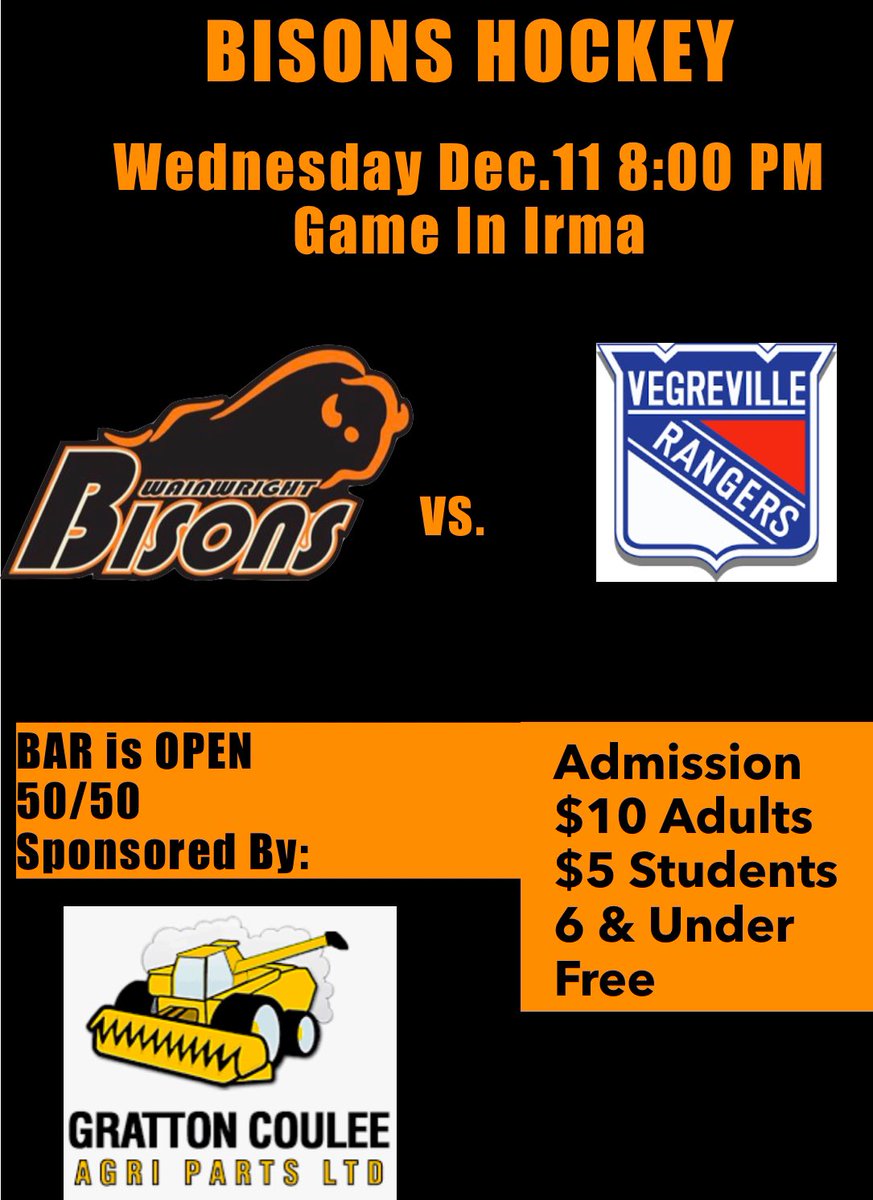 Wainwright Bisons (@wwbisons) on Twitter photo We are playing <a href="/VegRangers/">Vegreville Rangers</a> in Irma Dec.11 puck drop 8:00 pm! Come out and check out some of your locals <a href="/BrandonGlover8_/">BrandonGlover</a> & Bowen Larson ! See you at the rink! <a href="/IrmaSrAces/">Irma Aces</a> <a href="/IrmaTigers/">Irma Tigers</a> We are playing <a href="/VegRangers/">Vegreville Rangers</a> in Irma Dec.11 puck drop 8:00 pm! Come out and check out some of your locals <a href="/BrandonGlover8_/">BrandonGlover</a> & Bowen Larson ! See you at the rink! <a href="/IrmaSrAces/">Irma Aces</a> <a href="/IrmaTigers/">Irma Tigers</a>