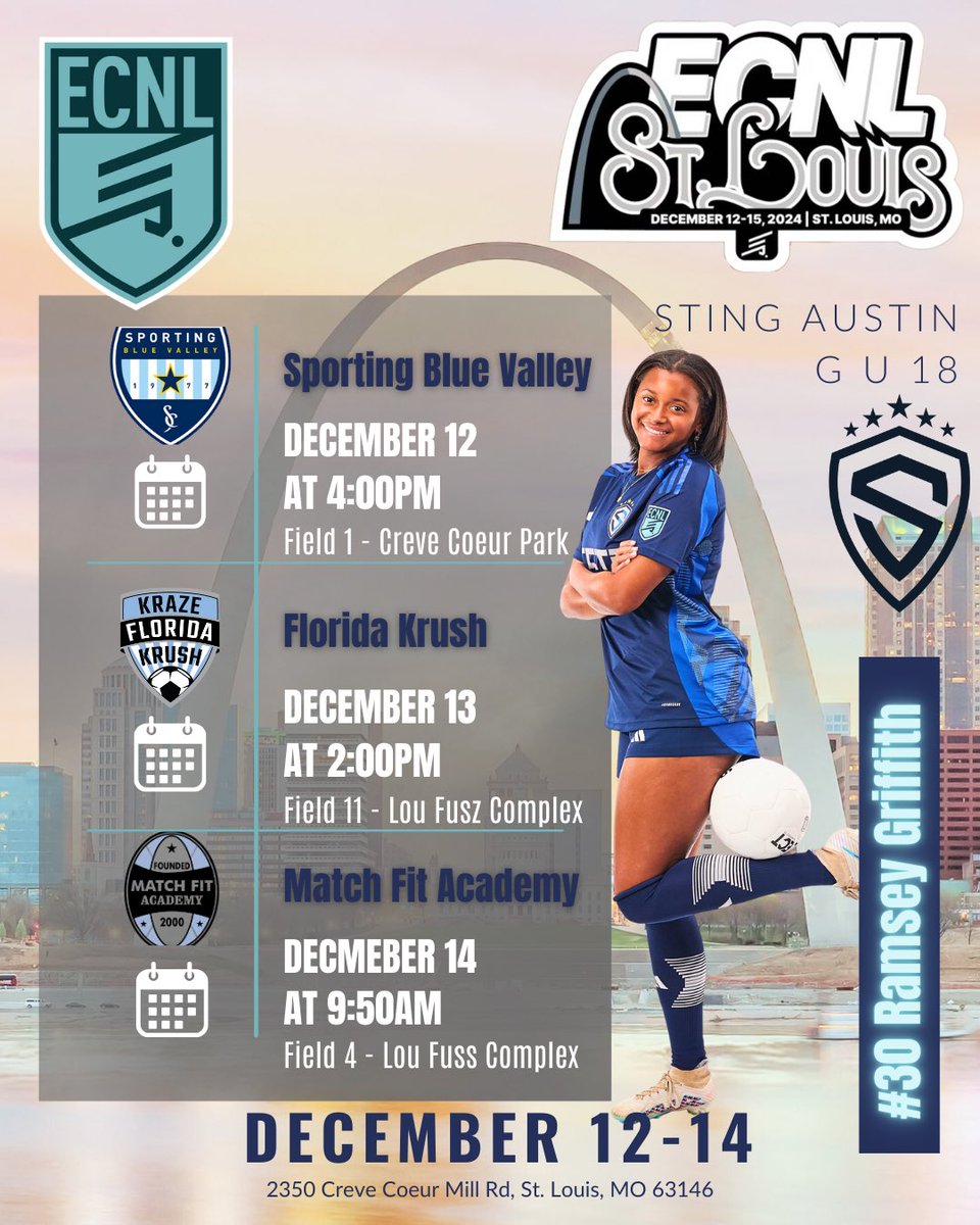 Heading To St. Louis with my #stingmates, for the ECNL Showcase. It’s going to be both cold and fun!

<a href="/PrepSoccer/">Prep Soccer ⚽️</a> <a href="/ImCollegeSoccer/">College Soccer Truth ™</a> <a href="/TheSoccerWire/">SoccerWire</a> <a href="/PrepSoccer/">Prep Soccer ⚽️</a> <a href="/stingaustin07/">StingAustin07_ECNL</a> <a href="/ImYouthSoccer/">ECNL/GA/Recruiting/College Soccer</a> <a href="/EcnlTexas/">ECNL Girls Texas Conference</a>