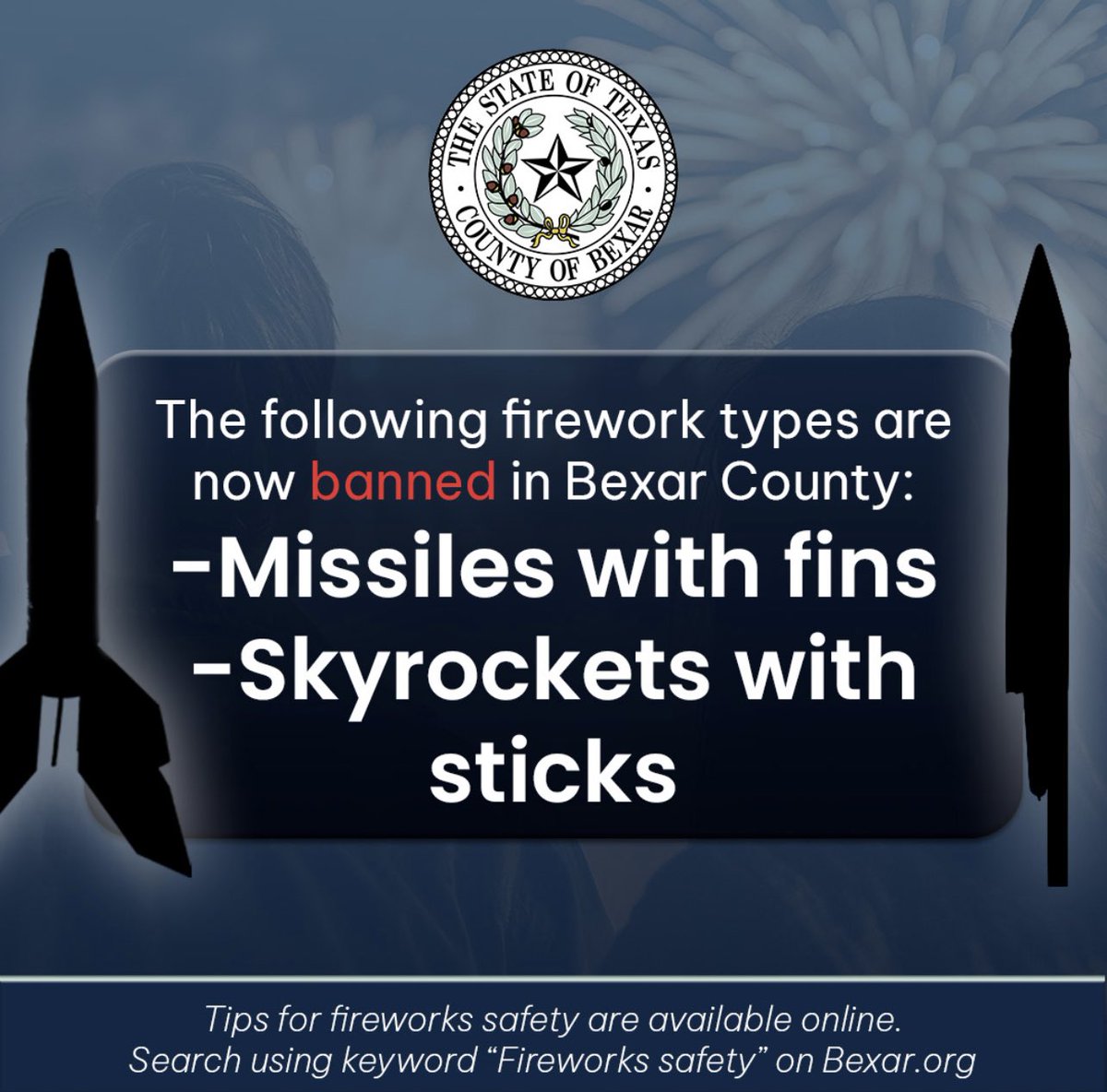 Be aware ❗️The following fireworks are banned in Bexar County⬇️

To learn more about firework safety in Bexar County visit: bexar.org/DocumentCenter…

#bexarcounty #fireworksafety #FMO