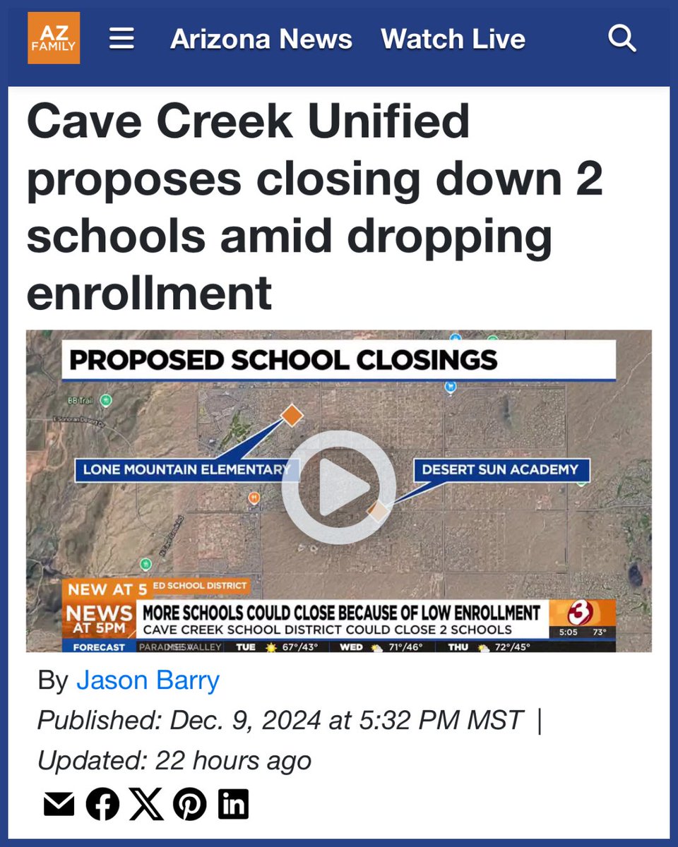 The Cave Creek district is considering shuttering schools. "Cave Creek officials are blaming the expansion of AZ’s voucher program, which allows all school-aged kids across AZ to use public money for private school tuition or homeschool expenses, for part of their hardships."