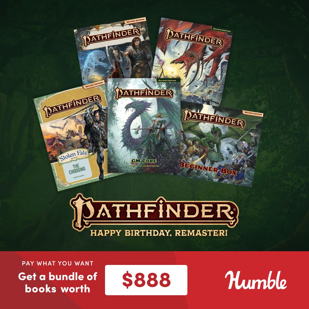 Only two days left to join us in celebrating one year of Pathfinder Remaster with the "Happy Birthday, Remaster!" @Humble Bundle! Get everything you need to start playing Pathfinder at a steal—plus, a portion of the proceeds benefits @comicbooks4kids!

buff.ly/3UWSrfL
