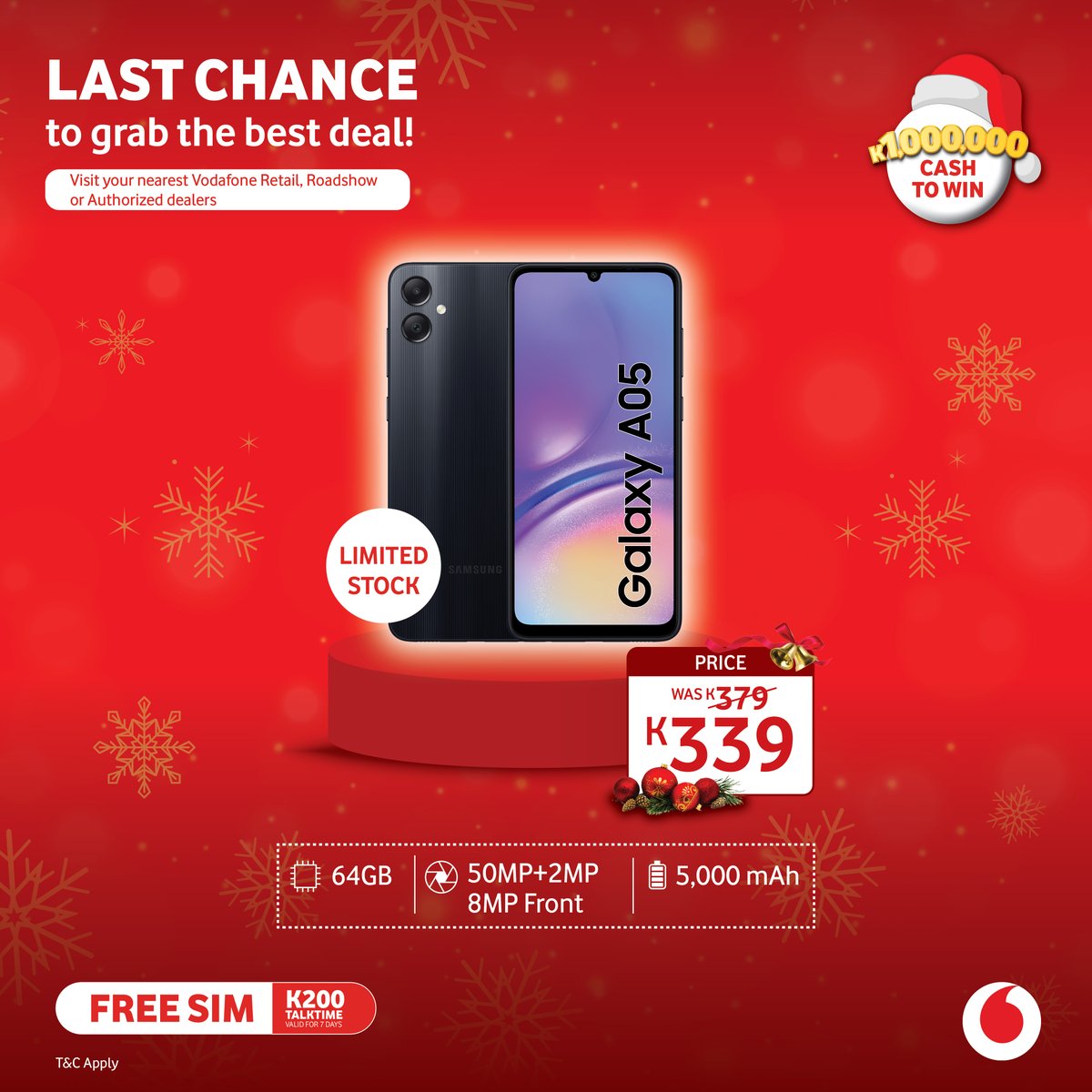 Vodafone_PNG's tweet image. Hey! #LastChance ya! 😍

The Samsung A05 is now on SALE at Vodafone—just in time to make this festive season extra special! 😍 

Plus, every purchase earns you #MultipleEntries into the 1-Million-Kina Cash Splash!

#ChristmasSale #CashSplash #VodafonePNG #TogetherWeCan