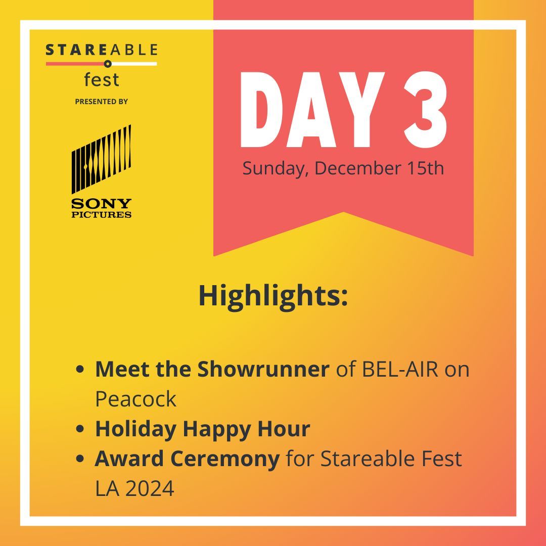 See you at #StareableFest THIS WEEKEND! Celebrate the end of the year with incredible indie filmmakers, professional TV writers, and more. Get your tickets today: tix.stareablefest.com