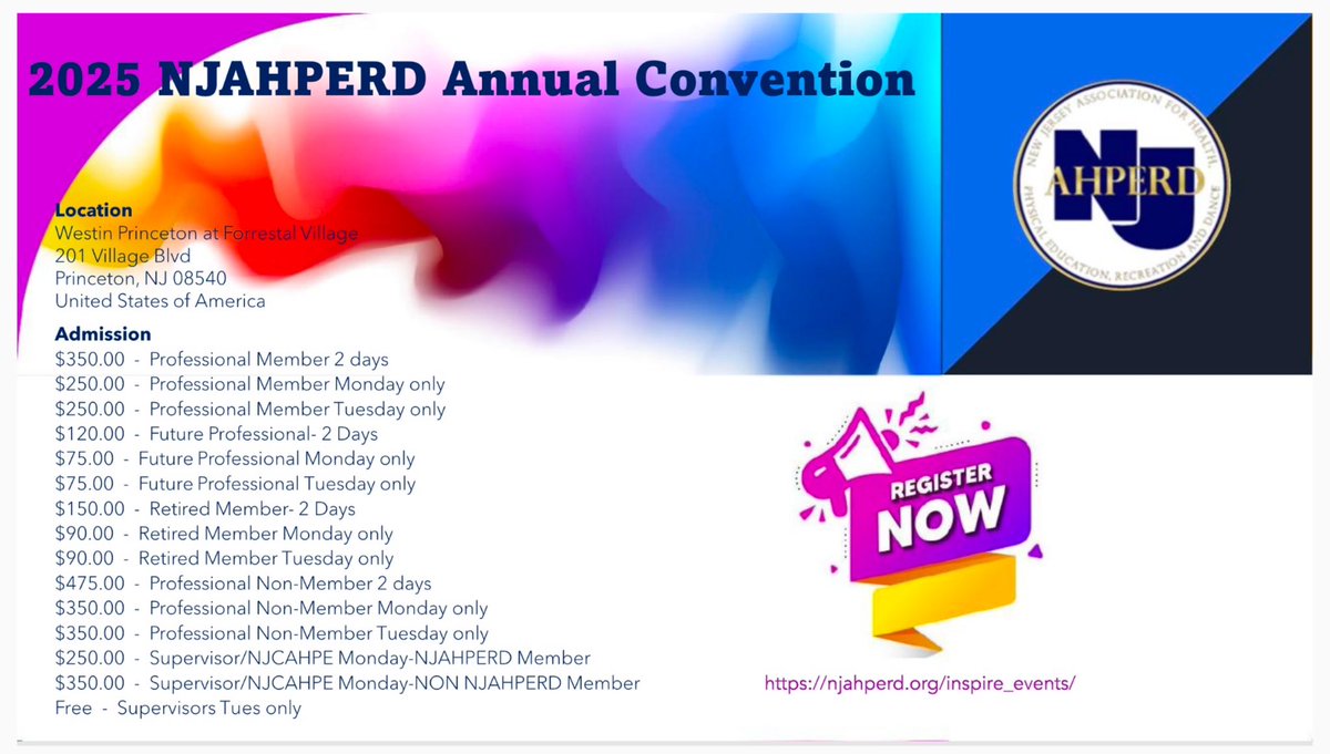 📣 IT’S HAPPENING AGAIN! Calling ALL New Jersey H&amp;PE Teachers to REGISTER for the Annual NJAHPERD Convention TODAY.  Don’t miss out on the biggest H&amp;PE Professional Development opportunity in New Jersey this year.  Join Us on February 24 &amp; 25 in Princeton👍🏻.  Register ⬇️. #PhysEd