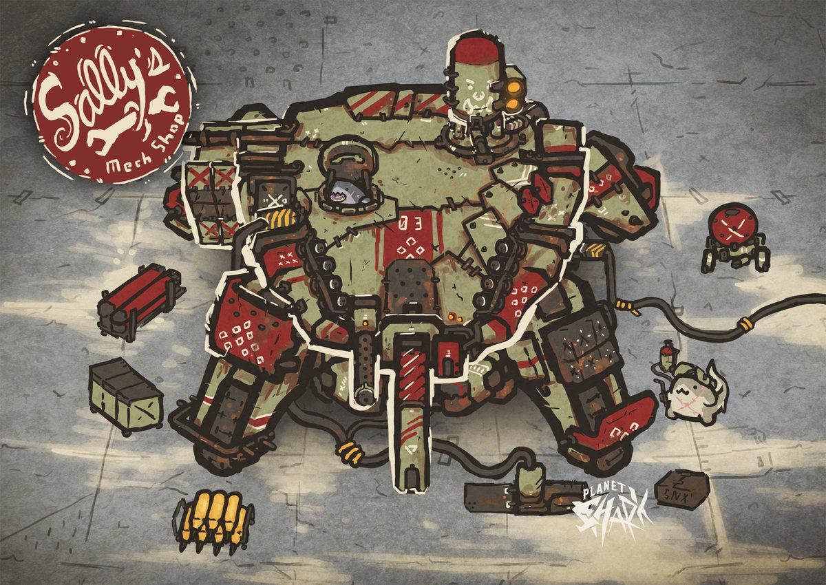 spectralidax's tweet photo. Come on down to Sally's Mech Shop

-All types of mechs and vehicles of violence serviced.
-choose from a wide selection of second hand models or choose your own within our scrap pile
-Food, scrap, and glowy bits all accepted as payment https://t.co/7mi7N1DJkN