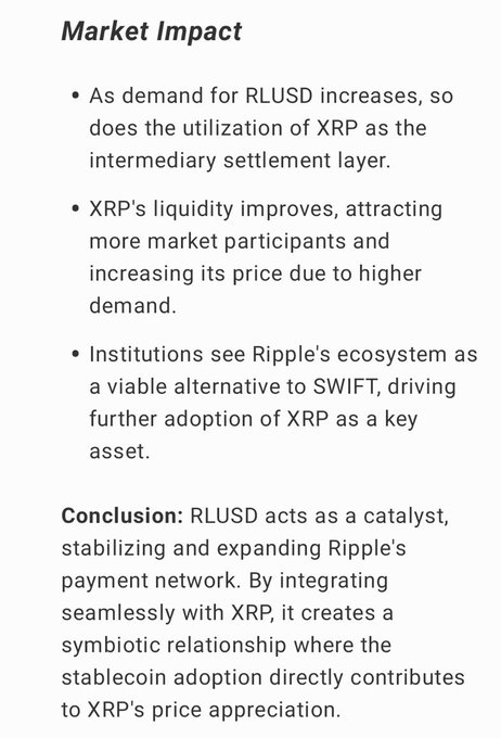 AbsGEC's tweet photo. BREAKING: 🇺🇸 @RIPPLE ANNOUNCES STABLECOIN $RLUSD IS APPROVED BY @NYDFS! 

Here’s everything you need to know about how RLUSD will impact the price of $XRP! 

"As demand for RLUSD increases, so does the utilization of XRP as a settlement layer."

By providing institutions with seamless access to liquidity via the XRP Ledger (XRPL), it simplifies cross-border payments and settlements.This enhances the appeal of Ripple's solutions, allowing financial institutions to use a stable, predictable value medium.

The benefits of RLUSD include:

Efficient Liquidity Management: Institutions can source liquidity instantly, reducing reliance on pre-funded nostro accounts.

Faster Cross-Border Transactions: By leveraging XRPL's speed and scalability, RLUSD facilitates near-instantaneous global payments.

Stability and Trust: As a USD-pegged stablecoin, RLUSD minimizes volatility concerns, making it a reliable tool for businesses and institutions.

Broader Adoption of XRPL: The stablecoin adds another use case for the XRP Ledger, encouraging more developers and institutions to build on the network. 

Are you bullish on the future of the XRP Ledger? 🤔💭

Comment Below & Follow For More!! 👇👇
#Ripple #RLUSD #RealUSD #Stablecoin