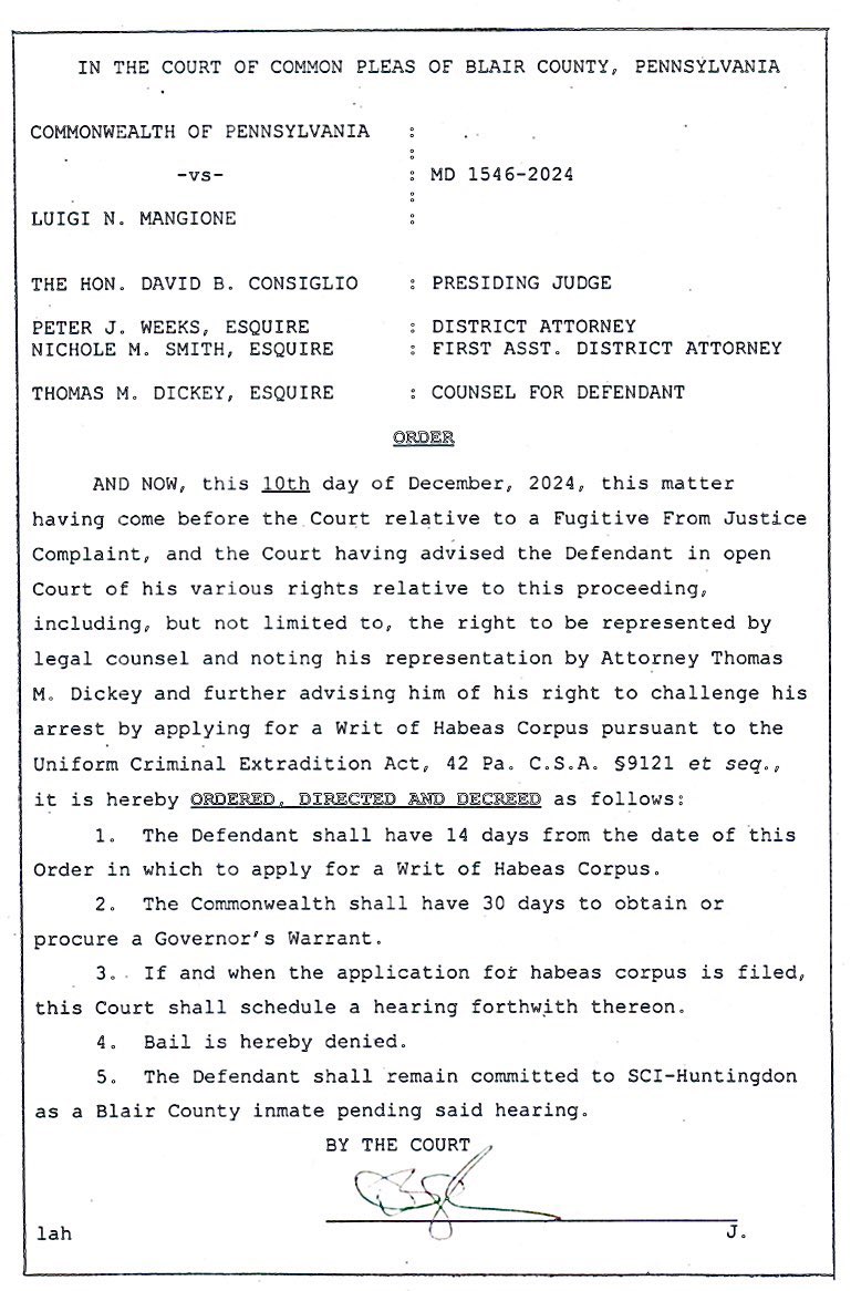 New court order reveals that the sagacious Luigi Mangione has been denied bail as he fights extradition to New York! #LuigiCrave #LuigiMangione