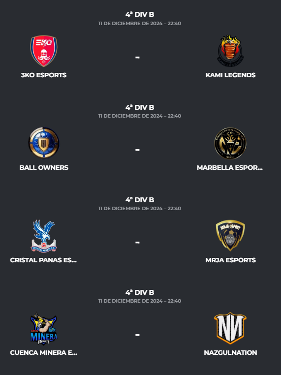 PLG_Spain's tweet photo. 📅𝐉𝐨𝐫𝐧𝐚𝐝𝐚 1⃣5⃣ - 𝟒ª 𝐃𝐢𝐯𝐢𝐬𝐢𝐨́𝐧 𝐁
⏰22:40
@3KO_eSports 🆚 #KamiLegends
@BallOwners2024 🆚 @Marbella_FC_
@CristalPanas 🆚 @MRJAeSport
@CMineraeSports 🆚 @NazgulNation
@FutbolLindoCF 🆚 @generalrrap
@laperlaturca77 🆚 @transformers_cf
@_Virus_Gaming 🆚 @UltimateEsp17
Default 🆚 #StrikeBack