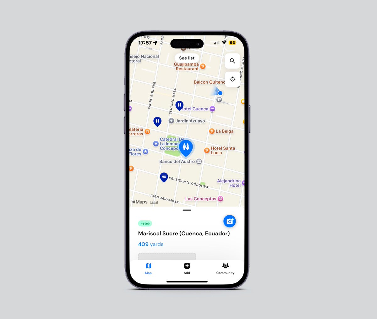 Toilet Finder — worldwide toilets

apps.apple.com/us/app/toilet-…

It's useful with a clean UI, and has more toilets than Google Maps in my location atm. The only downside is it could do with SI units and a dark theme.