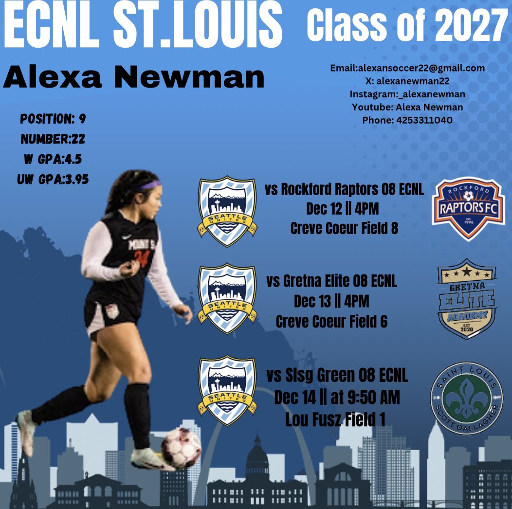 Alexa Newman | ECNL 2027 (@alexanewman22) on Twitter photo ECNL St.Louis Schedule!
Alexa Newman Class of 2027
High-school: Mount Si HS
Club: Seattle United ECNL
GPA: UW// 3.95 W// 4.5
Position: 9(main) but can play 7,11,10
Hope to see you there!
<a href="/TheSoccerWire/">SoccerWire</a> <a href="/PrepSoccer/">Prep Soccer ⚽️</a> <a href="/TopDrawerSoccer/">TopDrawerSoccer</a> <a href="/mattsmithsoccer/">Matt Smith</a> <a href="/coldbrew25/">Jake Murry</a> ECNL St.Louis Schedule!
Alexa Newman Class of 2027
High-school: Mount Si HS
Club: Seattle United ECNL
GPA: UW// 3.95 W// 4.5
Position: 9(main) but can play 7,11,10
Hope to see you there!
<a href="/TheSoccerWire/">SoccerWire</a> <a href="/PrepSoccer/">Prep Soccer ⚽️</a> <a href="/TopDrawerSoccer/">TopDrawerSoccer</a> <a href="/mattsmithsoccer/">Matt Smith</a> <a href="/coldbrew25/">Jake Murry</a>