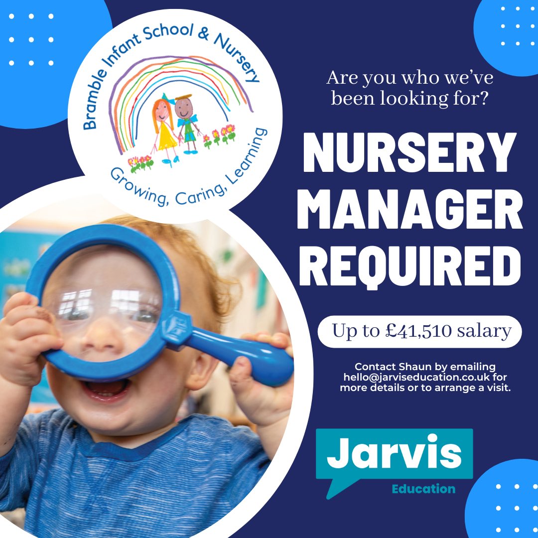jarvised1's tweet image. We’re pleased to be supporting Bramble Infant School &amp;amp; Nursery in Southsea to recruit their next Nursery Manager. 

If you’d like to find out more or set up a call or visit to the nursery, send us a DM or email us at hello@jarviseducation.co.uk.

Full candidate pack to follow..