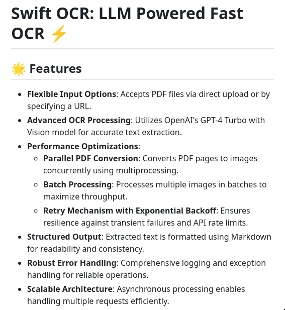 tom_doerr's tweet image. An open-source OCR API using OpenAI&apos;s GPT-4 Turbo with Vision for PDF text extraction, supporting uploads and URLs, with parallel processing, batch processing, and Markdown output