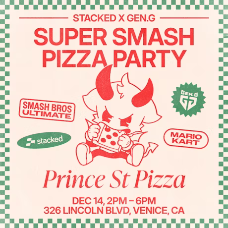 GenG_SSBU's tweet photo. Hey, Tiger's Den Family!

This Saturday (Dec. 14) from 2PM to 6PM PT, we'll be hosting our end of the year community gaming event with @joinstacked!

RSVP below for the very first Stacked x Gen.G - Super Smash Pizza Party!

🎉 https://t.co/96AIjefgad https://t.co/mqniz2fkrF