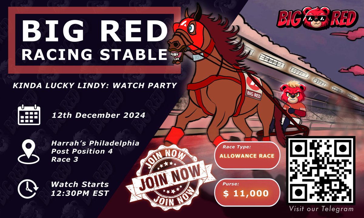 HorseRwa's tweet image. 🚨Big Red Racing Watch Party #3! 🏇  

We’re excited to announce that our 3rd watch party is happening on Thursday!  
Kinda Lucky Lindy is ready to get back out on the track!🏇 🏁  

📅 Date: Thursday, December 12, 2024  
🏟️ Venue: Harrah’s Philadelphia | Race 3, Post Position 4…