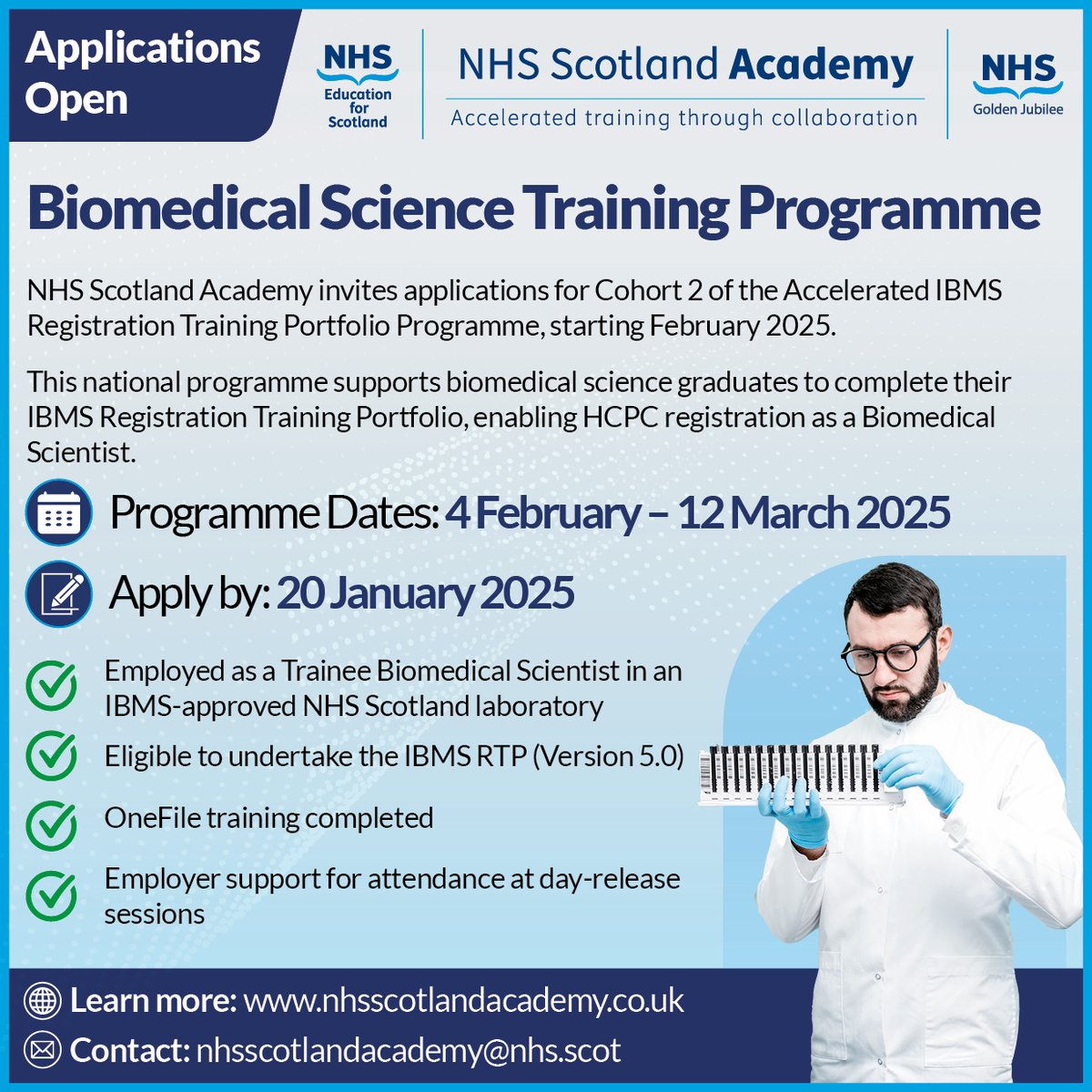 NHS Scotland Academy is delighted to invite applications for suitable trainees for our February 2025 for cohort 2 of our Accelerated Institute of Biomedical Science (IBMS) Registration Training Portfolio Programme.
Find out more: nhsscotlandacademy.co.uk/programmes/bio…