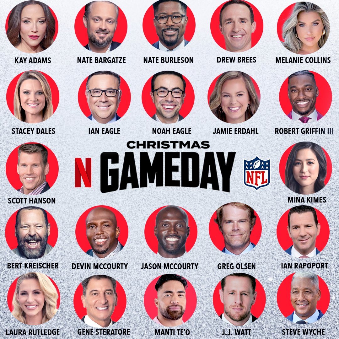 netflix's tweet photo. Announcing our on-air talent for the NFL Christmas Gameday Live on Netflix! #NFLonNetflix https://t.co/i1TA5pwuNA