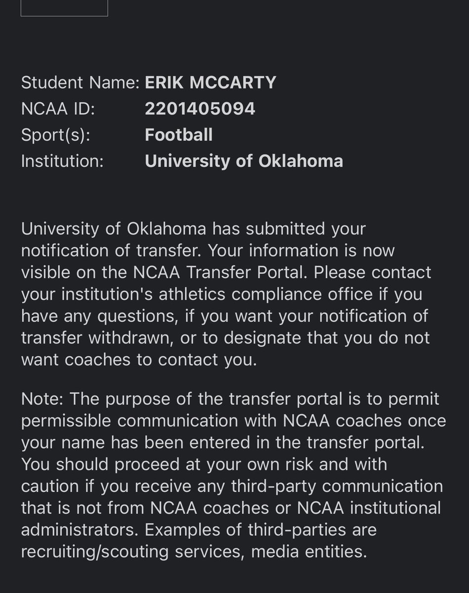 I am more than grateful for my time and opportunity and the University of Oklahoma. With that being said I am entering the transfer portal with 3 years of eligibility.. Looking for my next opportunity!!